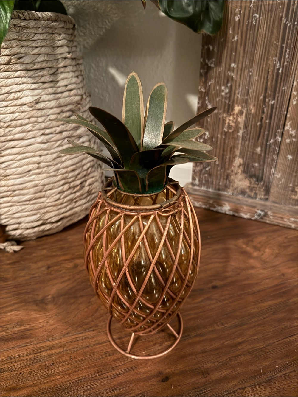 Vintage Caged Pineapple Copper Wire Blown Bubble Glass Candle Holder Enamel